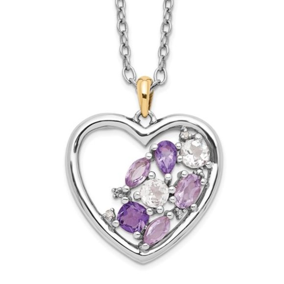 Sterling Silver w 14K Amethyst White Topaz & Diamond Heart Pendant Necklace